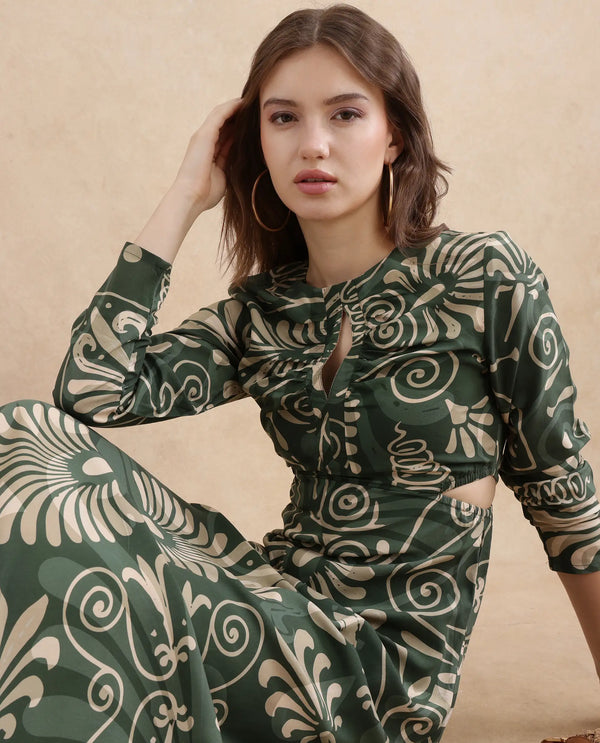 Rareism Women's Ronaz Green Viscose Fabric Round Neck Button Closure Full Sleeve Ornamental Print Fit And Flare Maxi Dress