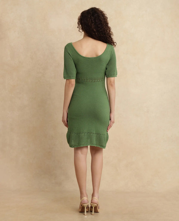 Rareism Women's Roncrod Dusky Olive Cotton Fabric Scoop Neck  Half Sleeve Plain A-Line Knee Length Dress