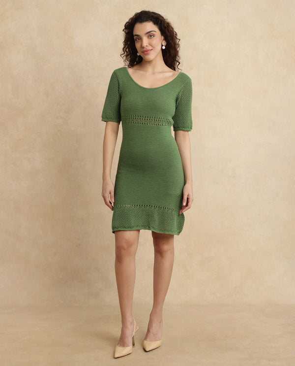 Rareism Women's Roncrod Dusky Olive Cotton Fabric Scoop Neck  Half Sleeve Plain A-Line Knee Length Dress
