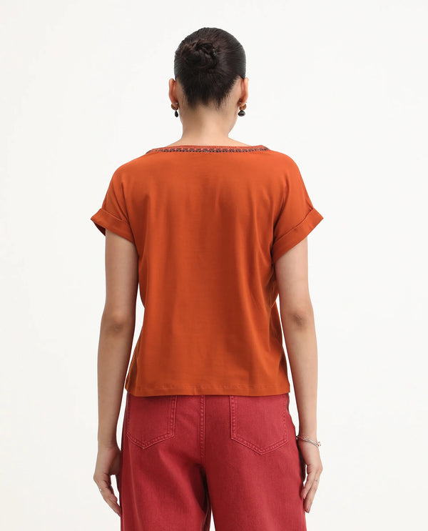 Rareism Women Roncro Rust 95% Cotton 5%Lycra Fabric Extended Sleeve Round Neck Regular Fit Plain T-Shirt