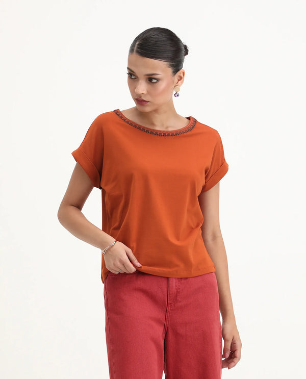 Rareism Women Roncro Rust 95% Cotton 5%Lycra Fabric Extended Sleeve Round Neck Regular Fit Plain T-Shirt