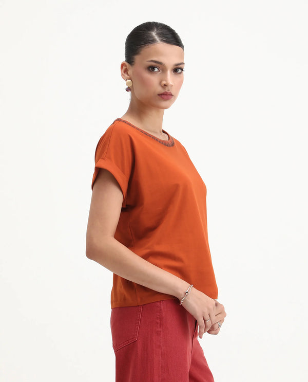 Rareism Women Roncro Rust 95% Cotton 5%Lycra Fabric Extended Sleeve Round Neck Regular Fit Plain T-Shirt