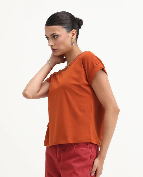 Rareism Women Roncro Rust 95% Cotton 5%Lycra Fabric Extended Sleeve Round Neck Regular Fit Plain T-Shirt