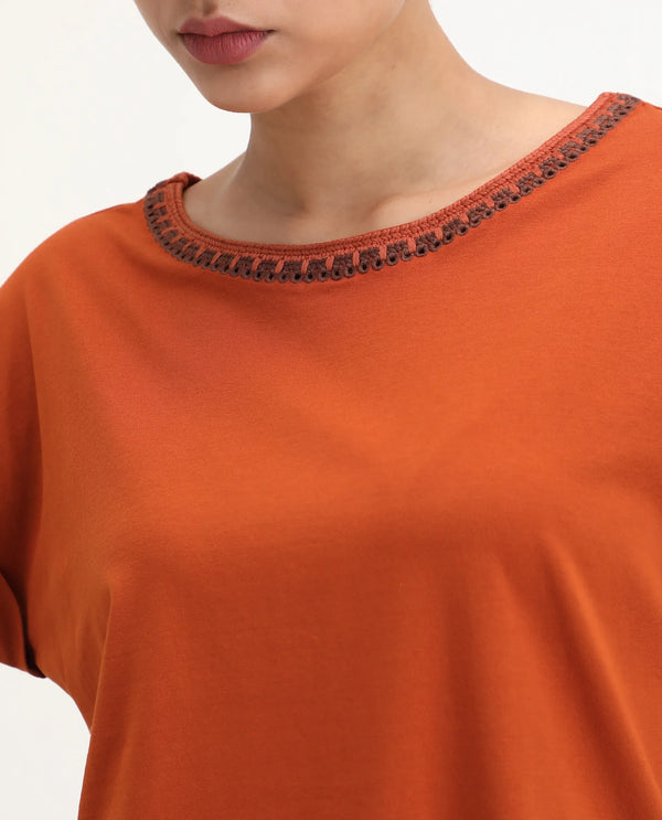 Rareism Women Roncro Rust 95% Cotton 5%Lycra Fabric Extended Sleeve Round Neck Regular Fit Plain T-Shirt