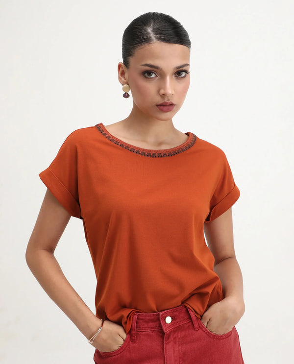 Rareism Women Roncro Rust 95% Cotton 5%Lycra Fabric Extended Sleeve Round Neck Regular Fit Plain T-Shirt