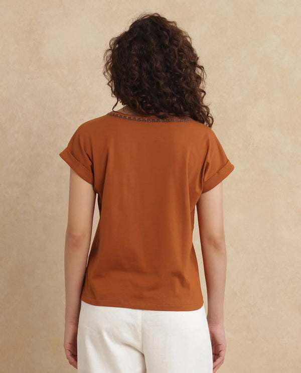 Rareism Women Roncro Rust Cotton Blend Fabric Extended Sleeve Round Neck Regular Fit Plain T-Shirt