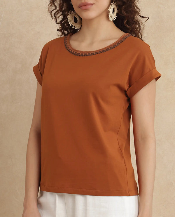 Rareism Women Roncro Rust Cotton Blend Fabric Extended Sleeve Round Neck Regular Fit Plain T-Shirt