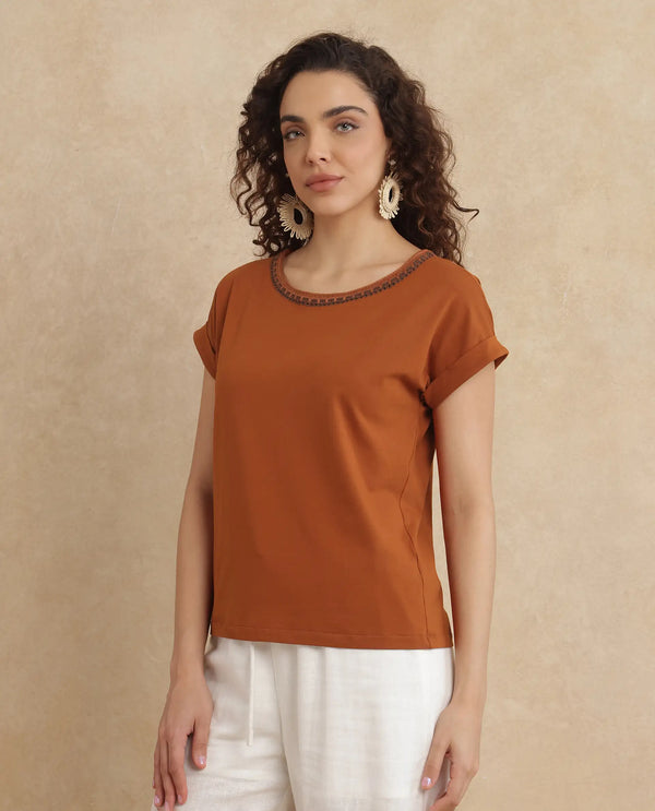 Rareism Women Roncro Rust Cotton Blend Fabric Extended Sleeve Round Neck Regular Fit Plain T-Shirt