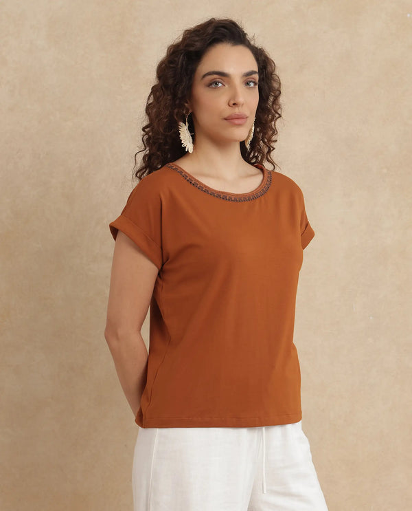 Rareism Women Roncro Rust Cotton Blend Fabric Extended Sleeve Round Neck Regular Fit Plain T-Shirt