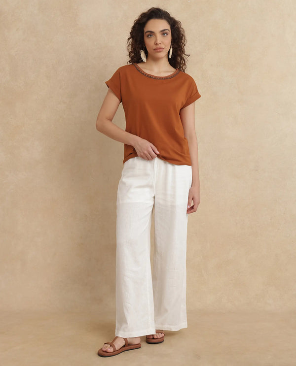 Rareism Women Roncro Rust Cotton Blend Fabric Extended Sleeve Round Neck Regular Fit Plain T-Shirt
