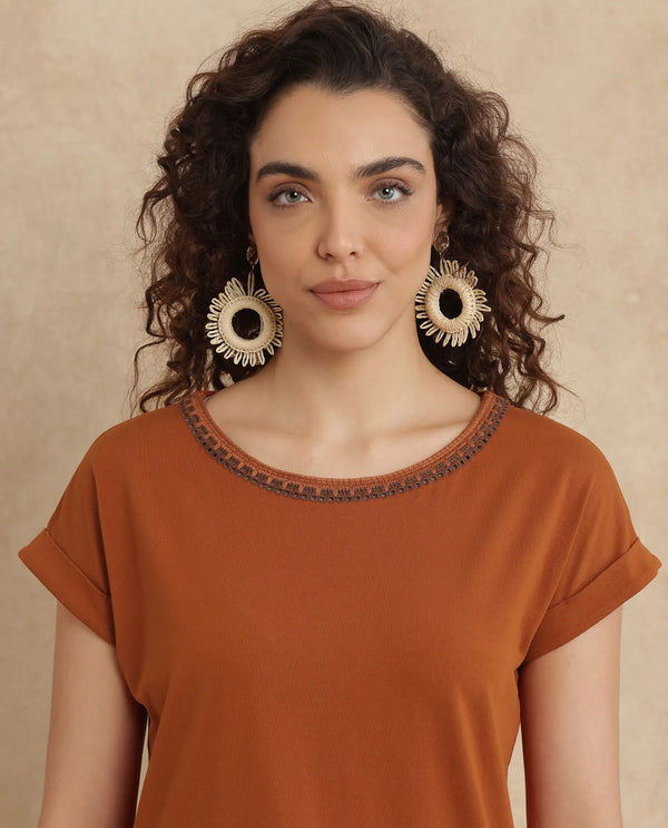 Rareism Women Roncro Rust Cotton Blend Fabric Extended Sleeve Round Neck Regular Fit Plain T-Shirt