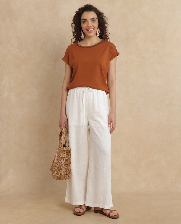 Rareism Women Roncro Rust Cotton Blend Fabric Extended Sleeve Round Neck Regular Fit Plain T-Shirt