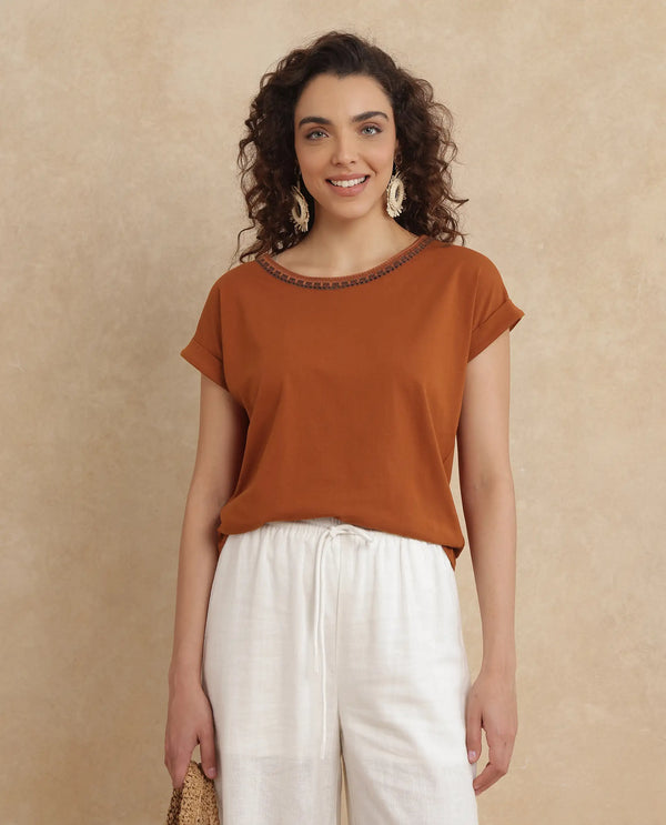 Rareism Women Roncro Rust Cotton Blend Fabric Extended Sleeve Round Neck Regular Fit Plain T-Shirt