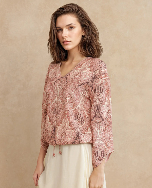 Rareism Women Roneltie Light Brown Viscose Fabric Regular Sleeve V-Neck Relaxed Fit Ornamental Print Top