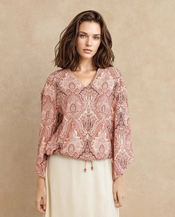 Rareism Women Roneltie Light Brown Viscose Fabric Regular Sleeve V-Neck Relaxed Fit Ornamental Print Top