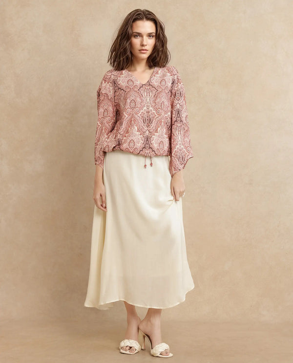 Rareism Women Roneltie Light Brown Viscose Fabric Regular Sleeve V-Neck Relaxed Fit Ornamental Print Top