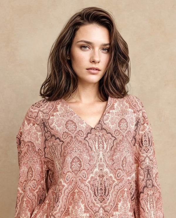 Rareism Women Roneltie Light Brown Viscose Fabric Regular Sleeve V-Neck Relaxed Fit Ornamental Print Top