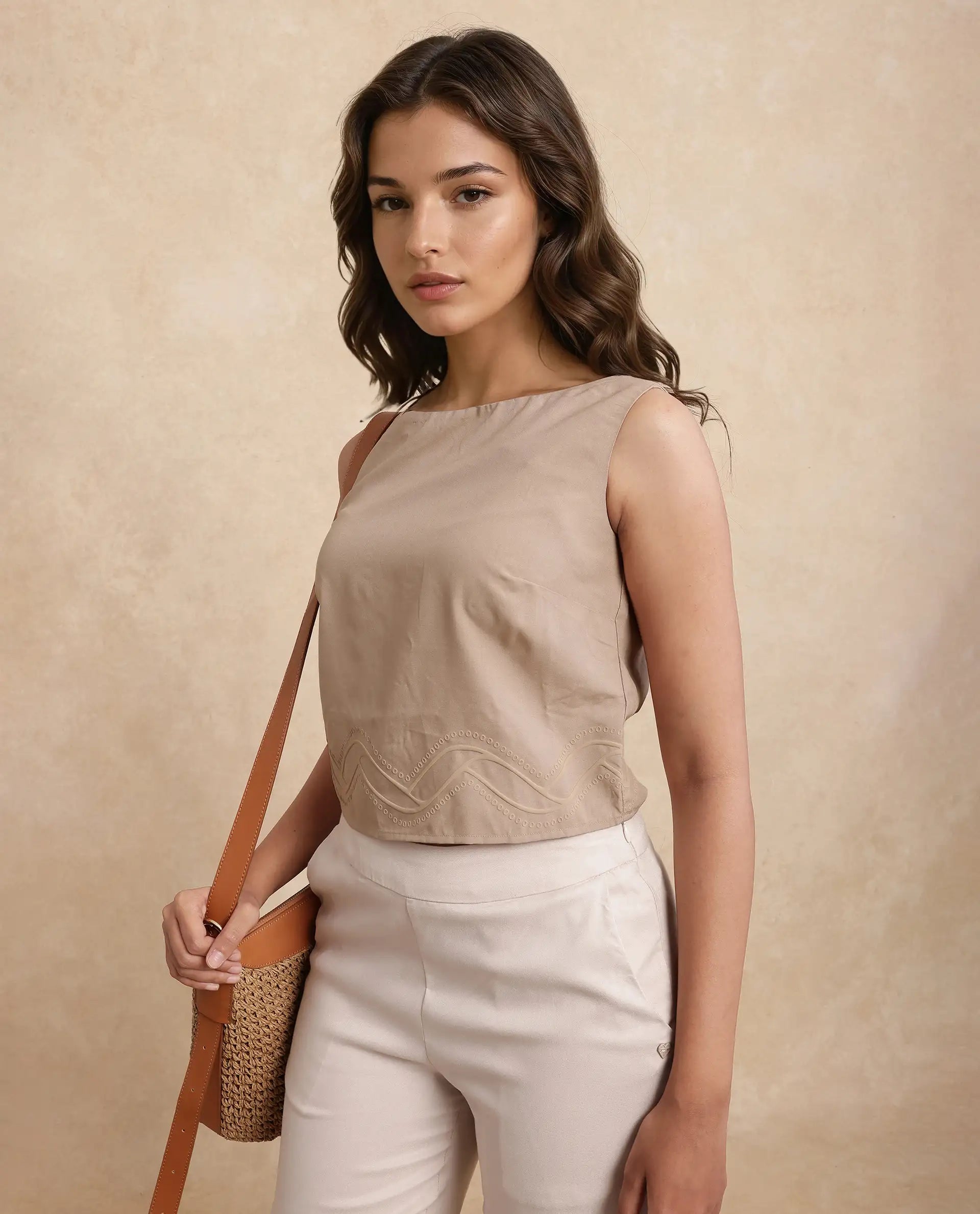 Rareism Women Roneshif-T Beige 100% Viscose Fabric Sleeveless Round Neck Regular Fit Cropped Plain Top