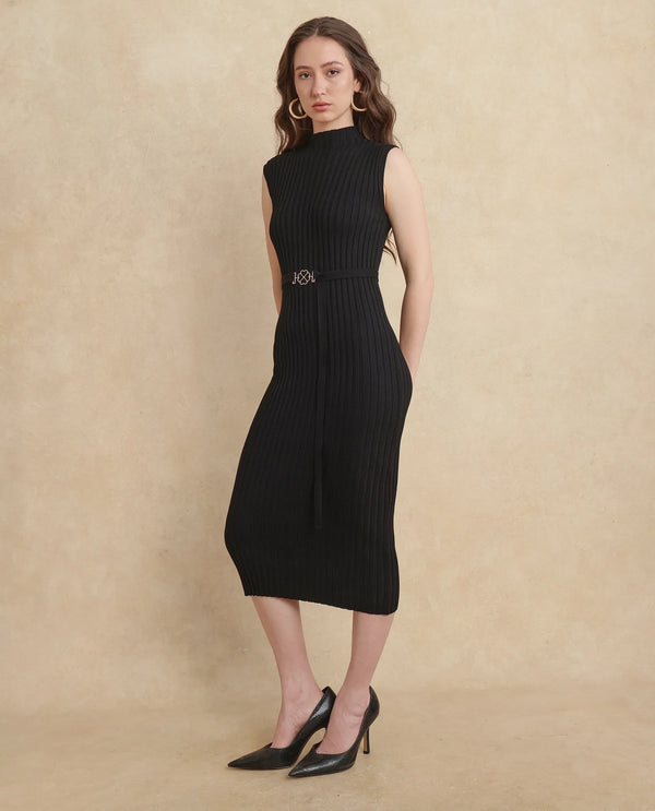 Rareism Women Ronfa Black Viscose Blend Fabric Off Sleeve Slim Fit Dress