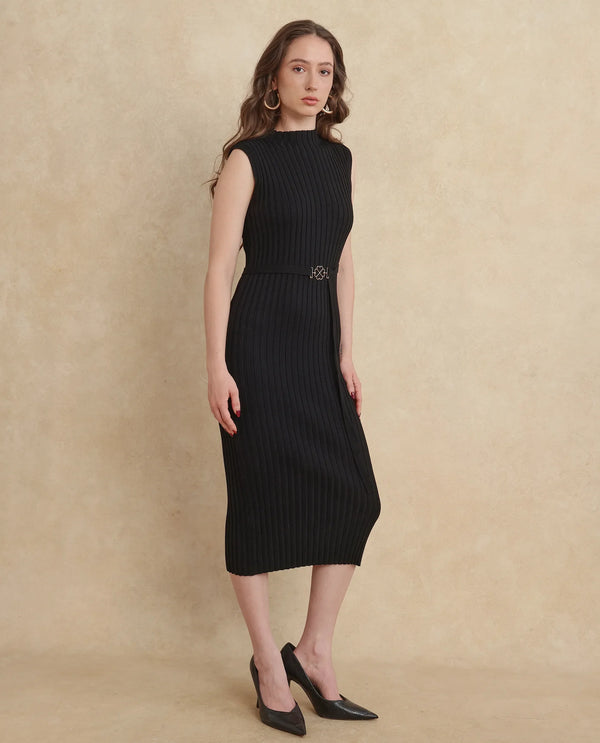 Rareism Women Ronfa Black Viscose Blend Fabric Off Sleeve Slim Fit Dress