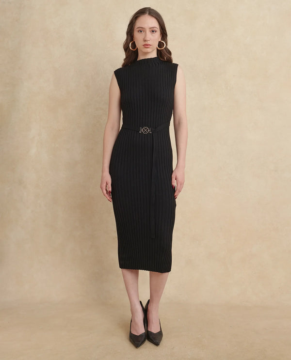 Rareism Women Ronfa Black Viscose Blend Fabric Off Sleeve Slim Fit Dress