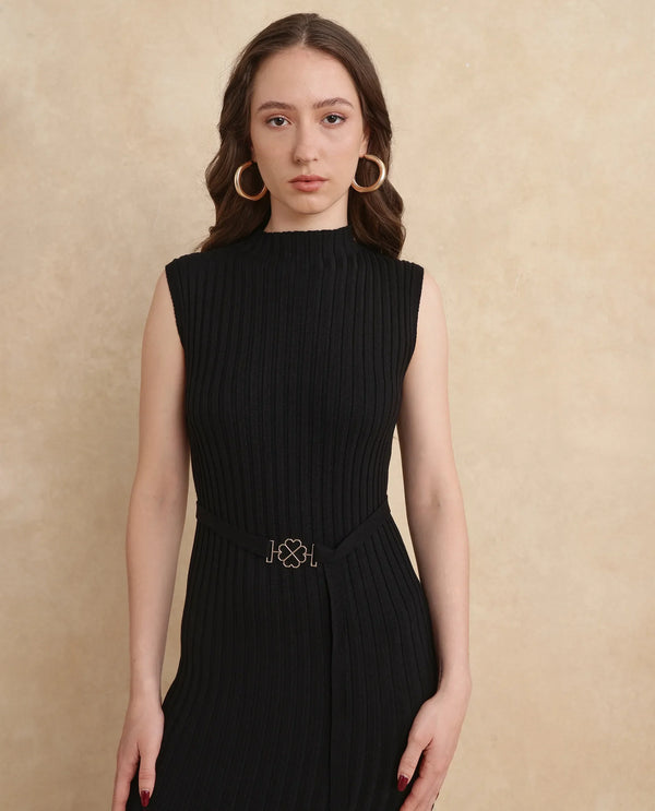 Rareism Women Ronfa Black Viscose Blend Fabric Off Sleeve Slim Fit Dress