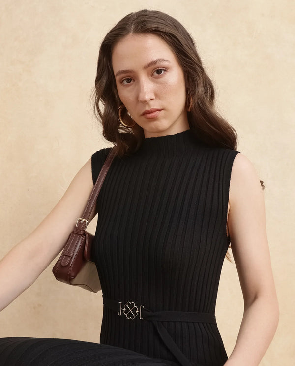 Rareism Women Ronfa Black Viscose Blend Fabric Off Sleeve Slim Fit Dress