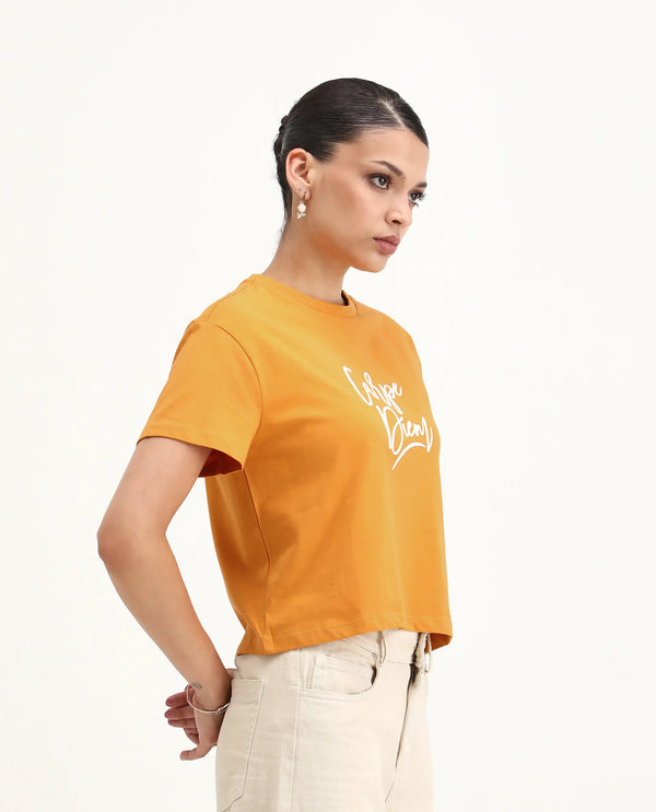 Rareism Women Ronfel Mustard 100% Cotton Fabric Regular Sleeve Round Neck Regular Fit Cropped Typography Print T-Shirt