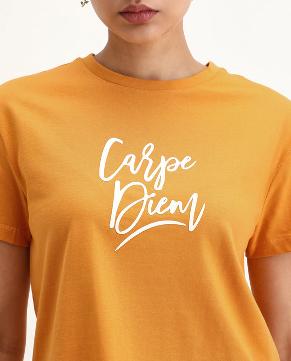 Rareism Women Ronfel Mustard 100% Cotton Fabric Regular Sleeve Round Neck Regular Fit Cropped Typography Print T-Shirt