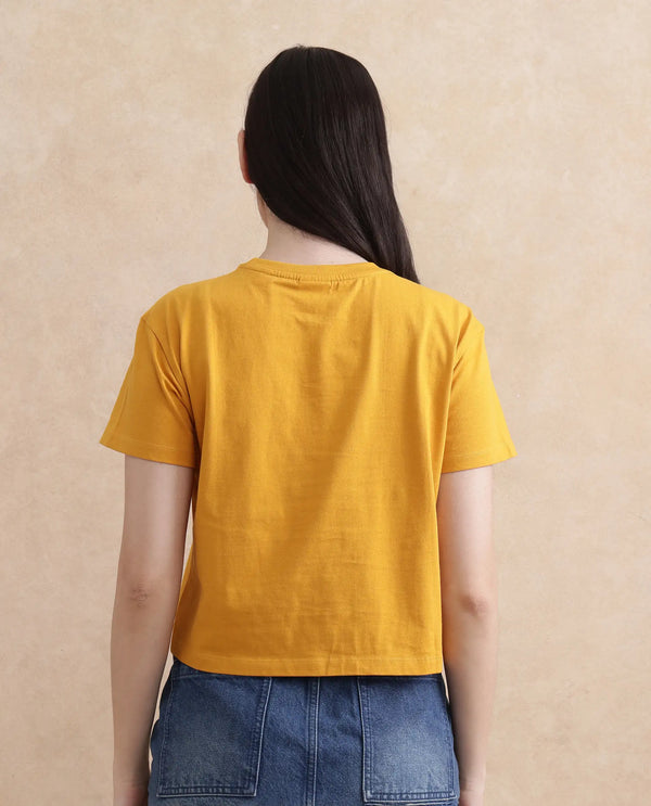 Rareism Women Ronfel Mustard Cotton Fabric Regular Sleeve Round Neck Regular Fit Cropped Typography Print T-Shirt
