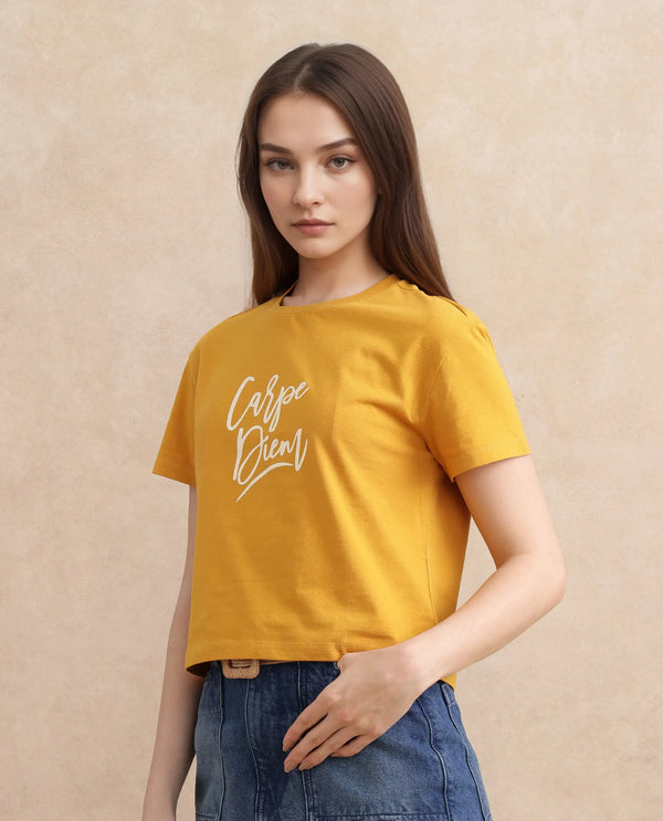 Rareism Women Ronfel Mustard Cotton Fabric Regular Sleeve Round Neck Regular Fit Cropped Typography Print T-Shirt