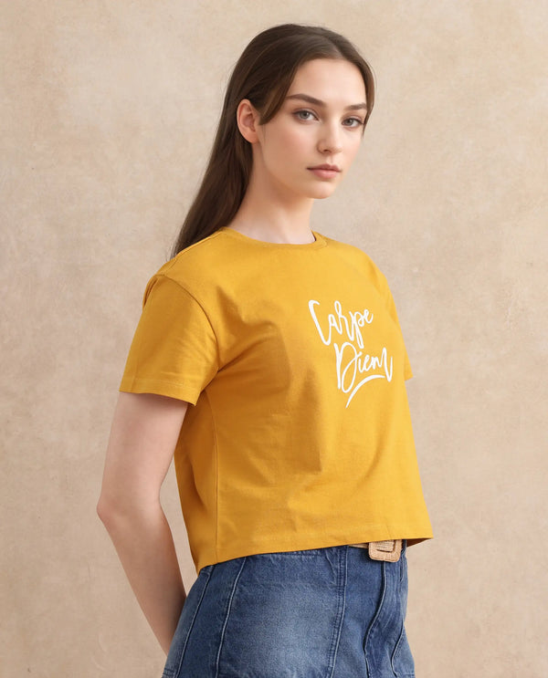 Rareism Women Ronfel Mustard Cotton Fabric Regular Sleeve Round Neck Regular Fit Cropped Typography Print T-Shirt