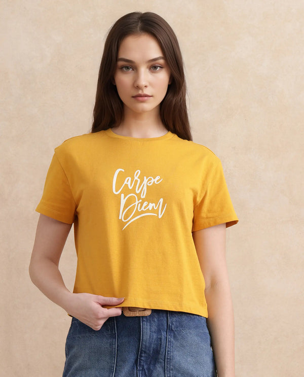 Rareism Women Ronfel Mustard Cotton Fabric Regular Sleeve Round Neck Regular Fit Cropped Typography Print T-Shirt