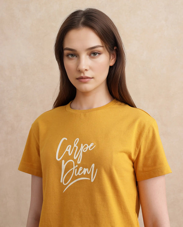 Rareism Women Ronfel Mustard Cotton Fabric Regular Sleeve Round Neck Regular Fit Cropped Typography Print T-Shirt