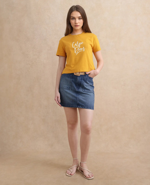 Rareism Women Ronfel Mustard Cotton Fabric Regular Sleeve Round Neck Regular Fit Cropped Typography Print T-Shirt