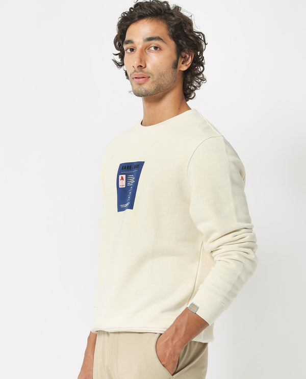 Rare Rabbit Men's Rong Off White Cotton Polyester Fabric Full Sleeves Graphic Print Knitted Sweatshirt