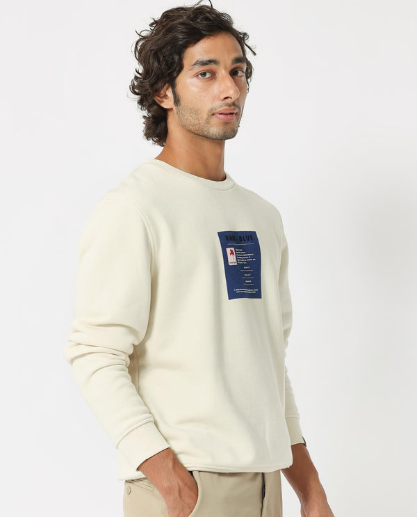 Rare Rabbit Men's Rong Off White Cotton Polyester Fabric Full Sleeves Graphic Print Knitted Sweatshirt