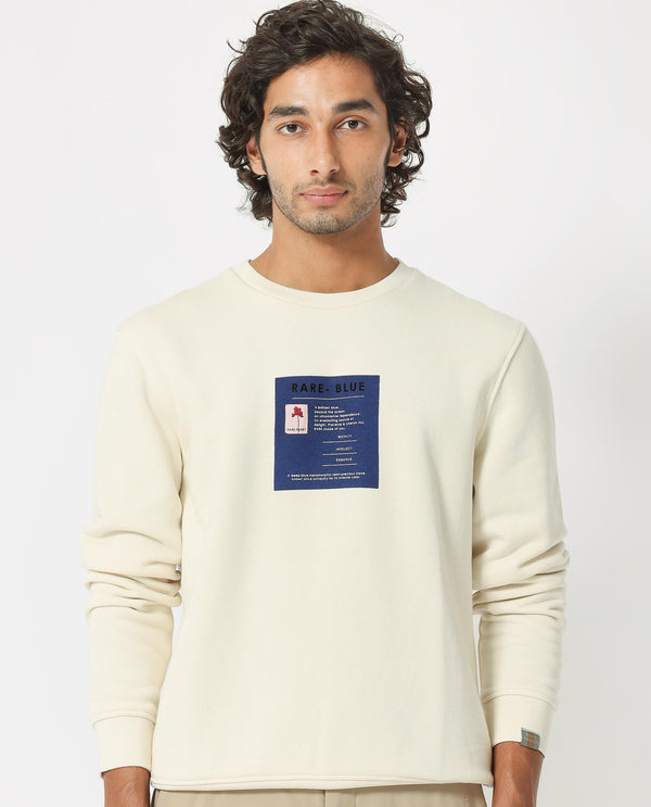 Rare Rabbit Men's Rong Off White Cotton Polyester Fabric Full Sleeves Graphic Print Knitted Sweatshirt