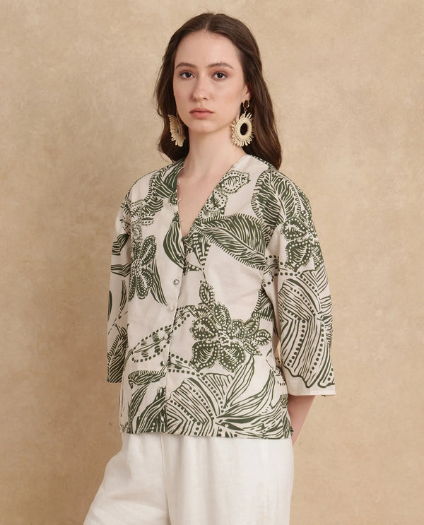 Rareism Women Ronil Beige 100% Cotton Fabric Raglan Sleeve Band Collar Regular Fit Cropped Floral Print Top