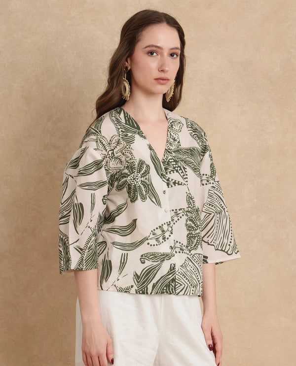 Rareism Women Ronil Beige 100% Cotton Fabric Raglan Sleeve Band Collar Regular Fit Cropped Floral Print Top