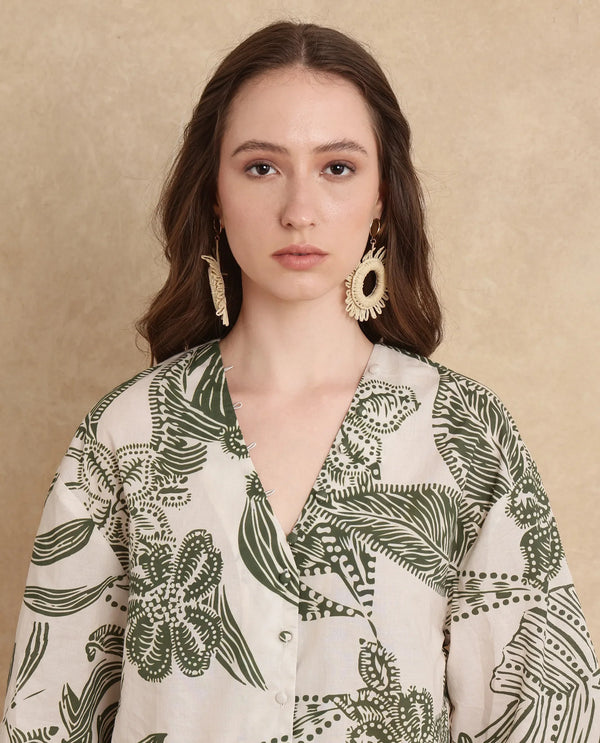 Rareism Women Ronil Beige 100% Cotton Fabric Raglan Sleeve Band Collar Regular Fit Cropped Floral Print Top
