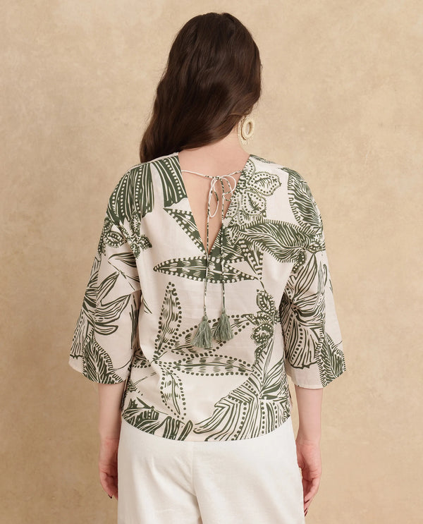 Rareism Women Ronil Beige 100% Cotton Fabric Raglan Sleeve Band Collar Regular Fit Cropped Floral Print Top