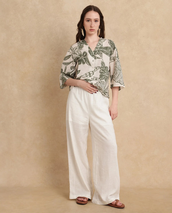 Rareism Women Ronil Beige 100% Cotton Fabric Raglan Sleeve Band Collar Regular Fit Cropped Floral Print Top