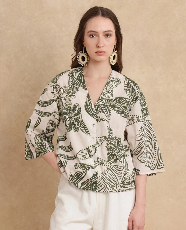 Rareism Women Ronil Beige 100% Cotton Fabric Raglan Sleeve Band Collar Regular Fit Cropped Floral Print Top