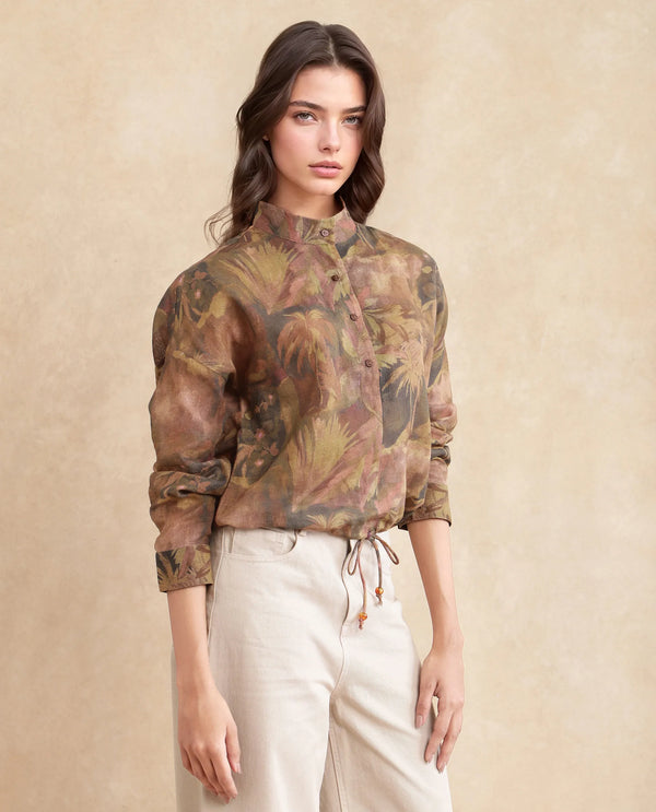 Rareism Women Roniq Dark Green 100% Cotton Fabric Cuffed Sleeve Collared Neck Regular Fit Abstract Print Top