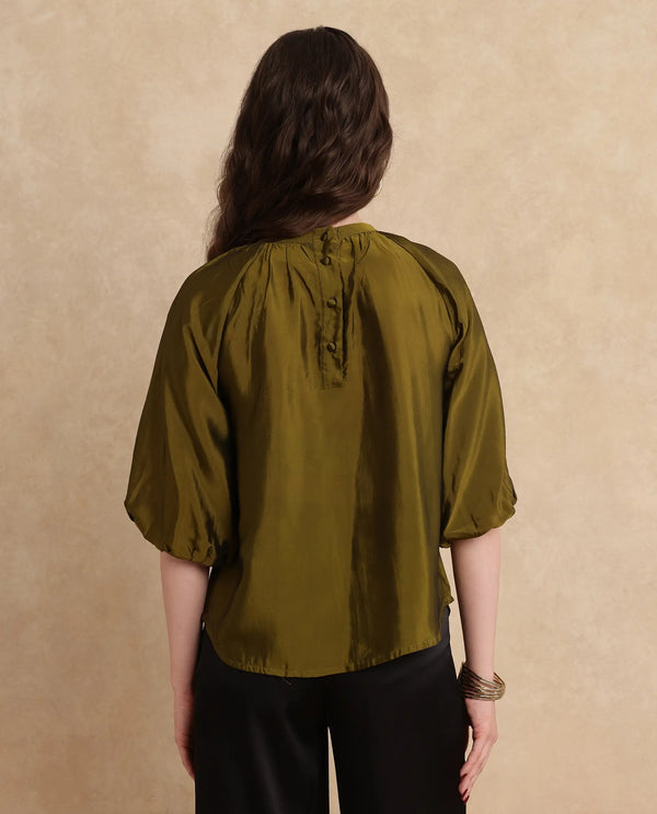 Rareism Women Roniu Brown Polyester Fabric Kimono Sleeve V-Neck Regular Fit Cropped Plain Top