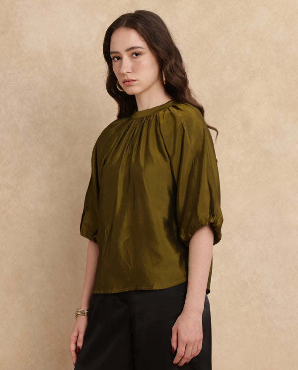 Rareism Women Roniu Brown Polyester Fabric Kimono Sleeve V-Neck Regular Fit Cropped Plain Top