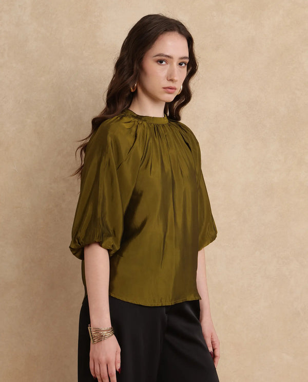 Rareism Women Roniu Brown Polyester Fabric Kimono Sleeve V-Neck Regular Fit Cropped Plain Top