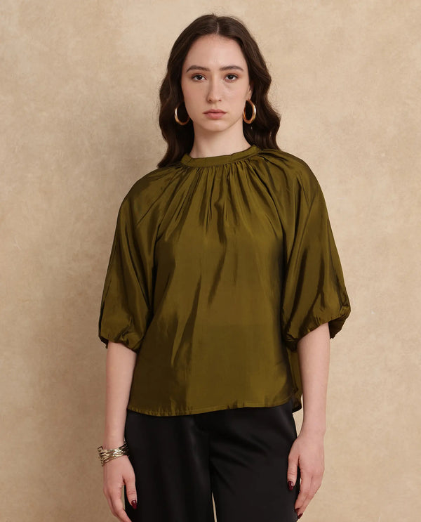Rareism Women Roniu Brown Polyester Fabric Kimono Sleeve V-Neck Regular Fit Cropped Plain Top