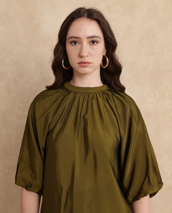 Rareism Women Roniu Brown Polyester Fabric Kimono Sleeve V-Neck Regular Fit Cropped Plain Top